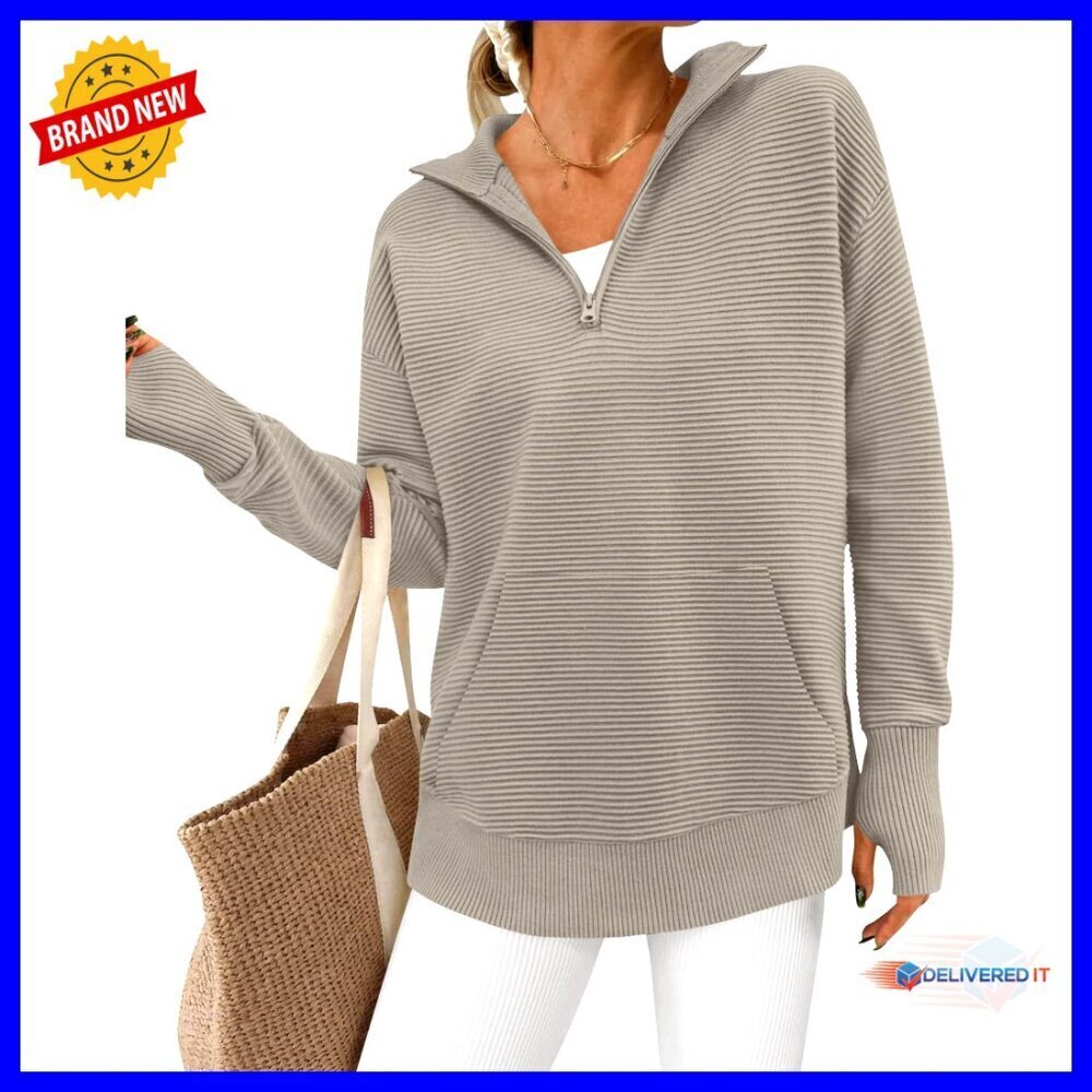 Quarter Zip Pullover Sweater Oversized Loose Fit Rib Knit Thumb Hole Pocket